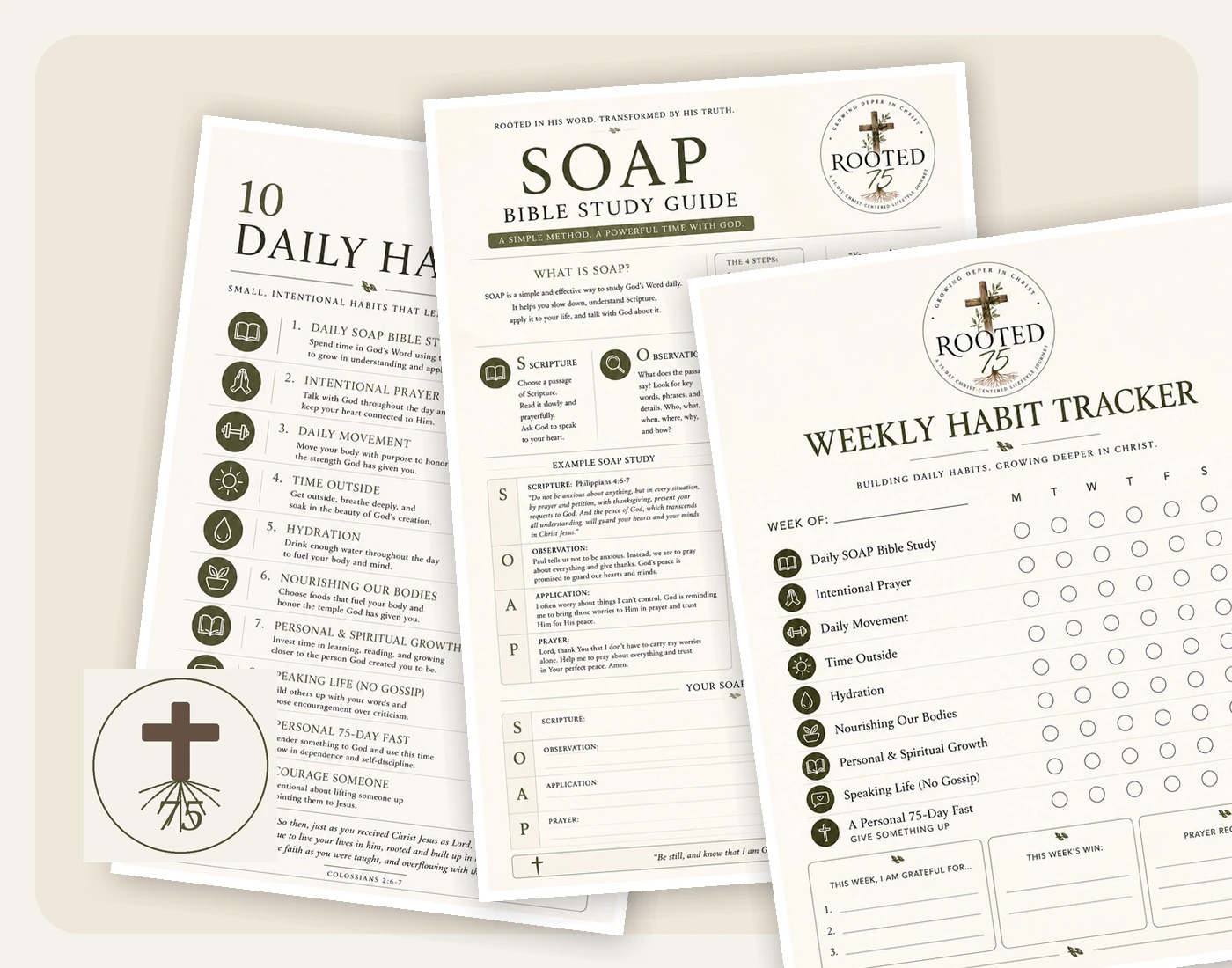 A collection of Rooted 75 Bible study, prayer, and habit-building resources